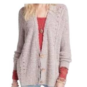 Free People Open Knit Boucle Chunky Button Front Cardigan Sweater Pockets, S